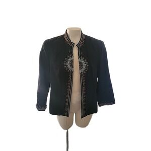 SARAH SPENCER Embroidered Beaded Jacket Black Bohemian Open Front Festival linen